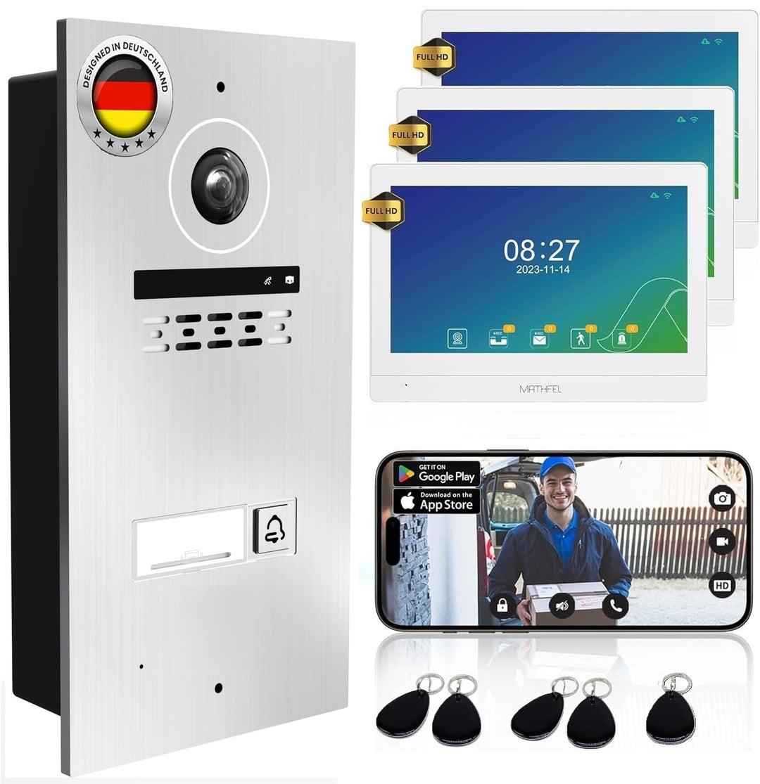 MATHFEL 1 Familienhaus 2 Draht Bus WLAN Video-Türsprechanlage, 3x10 Zoll Monitor mit Full HD 2 Megap