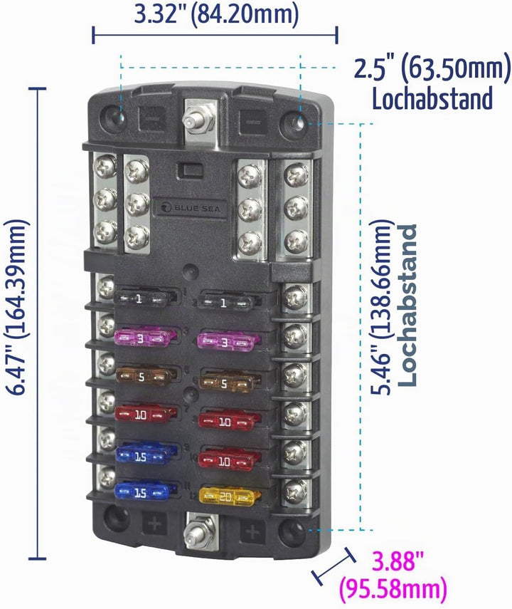 Blue Sea Systems ST Flachsicherungsblock 12 Schaltkreise ohne Abdeckung W/Neg, 12 Schaltkreise ohne