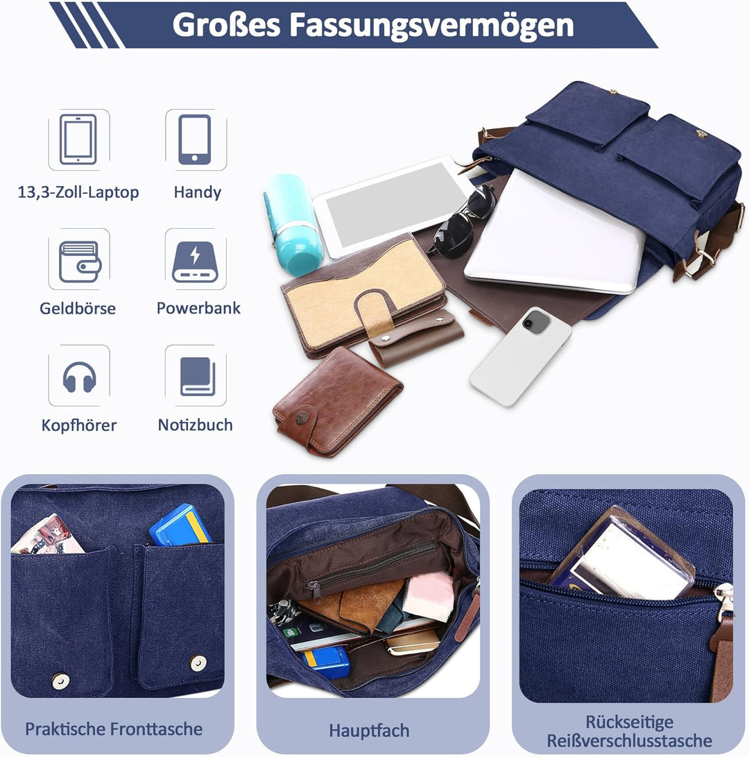 DORRISO Mode Umhängetasche Herren Schultertasche Leinwand Schultertaschen für 13.3 Zoll Laptop Kurie
