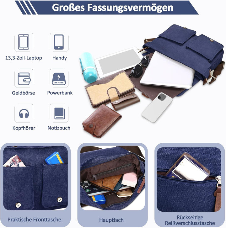 DORRISO Mode Umhängetasche Herren Schultertasche Leinwand Schultertaschen für 13.3 Zoll Laptop Kurie