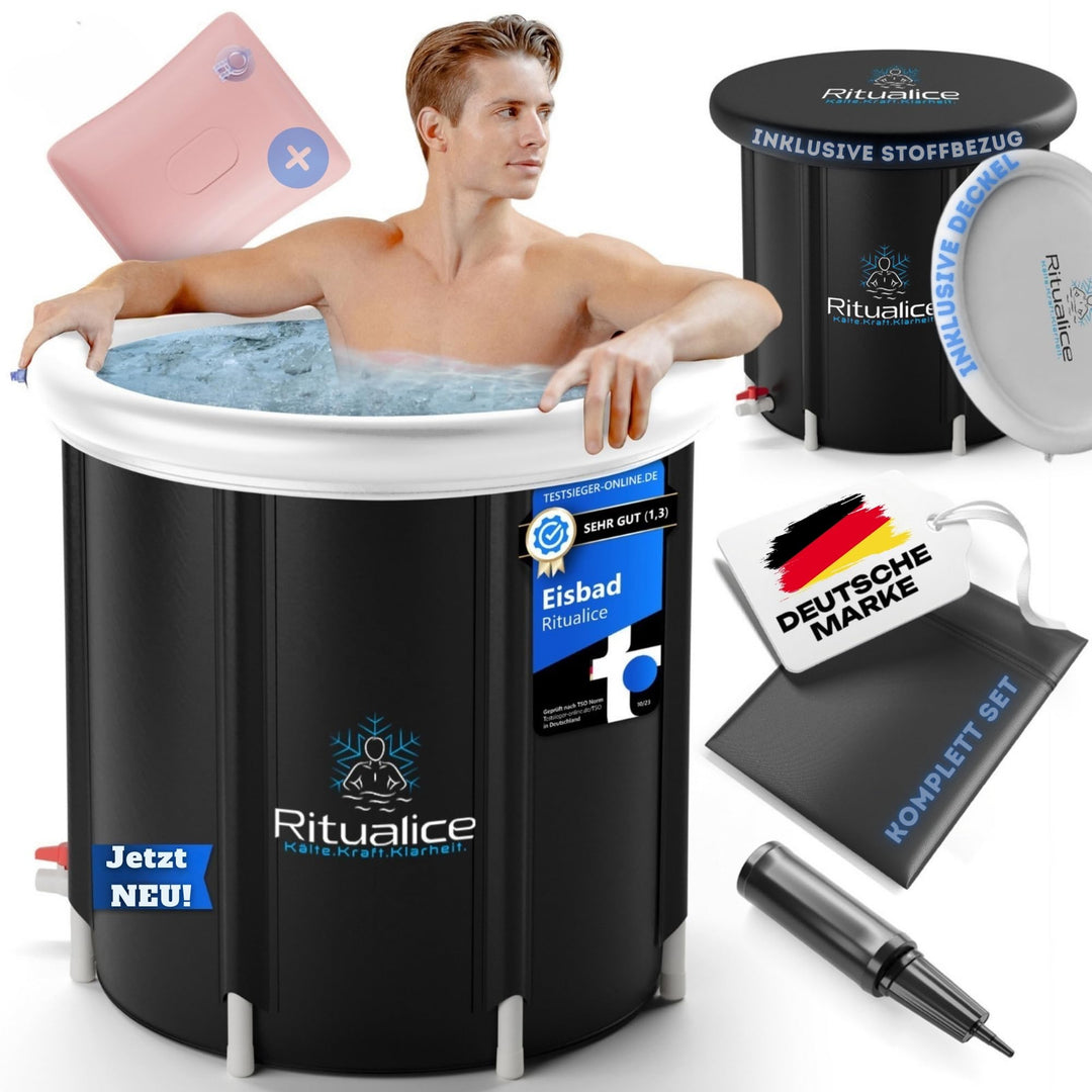Ritualice® Eisbad (80 cm Ø) XL - TESTSIEGER - Eistonne Set mit Deckel und Stoffbezug - Eisbaden idea