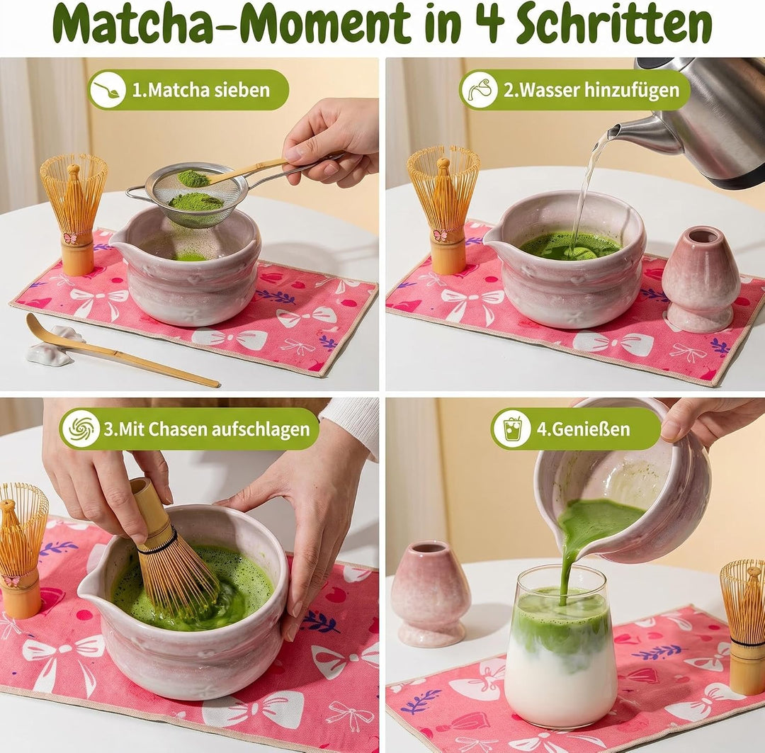 Matcha Set 8-Piece Premium Tea Ceremony Kit with Ceramic Bowl, 100+ Tines Bamboo Whisk (Chasen), Hol