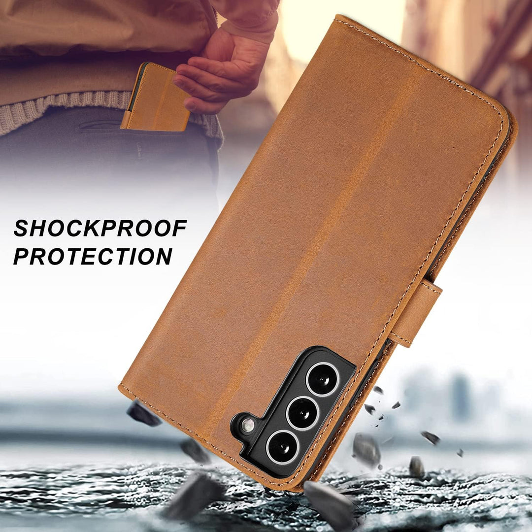 LENSUN Echtleder Hülle für Samsung Galaxy S22 Plus, Handyhülle [Echtes Leder][Magnetverschluss][RFID