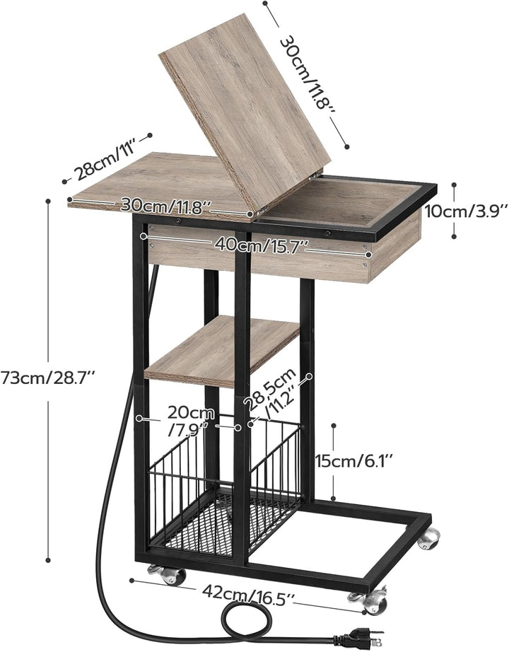 HOOBRO Beistelltisch mit Ladestation, Flip C-Form Sofatisch, Couchtisch mit Rädern und Ablagefläche,