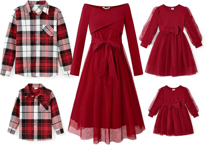 PATPAT Familien Outfit Set Langarm - Partnerlook Mutter Tochter Kleid,Mama Kind Kleider Prinzessin F