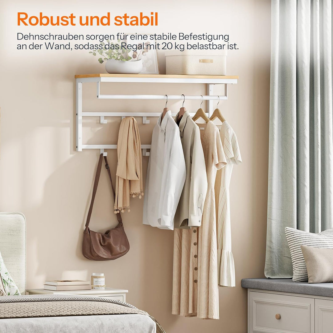 HOOBRO Wandgarderobe mit Ablage, Wandregal mit 10 Haken und Stangen, Wandmontiertes Hängeregal, 80 x