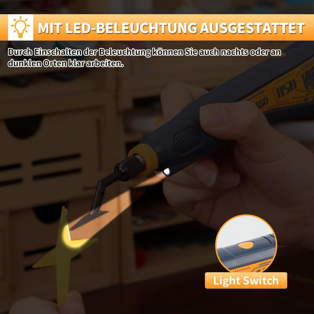 Hubschleifer, variable Drehzahl und USB-Aufladung mit LED-Licht, Stiftschleifer mit 6 Schleifköpfen,