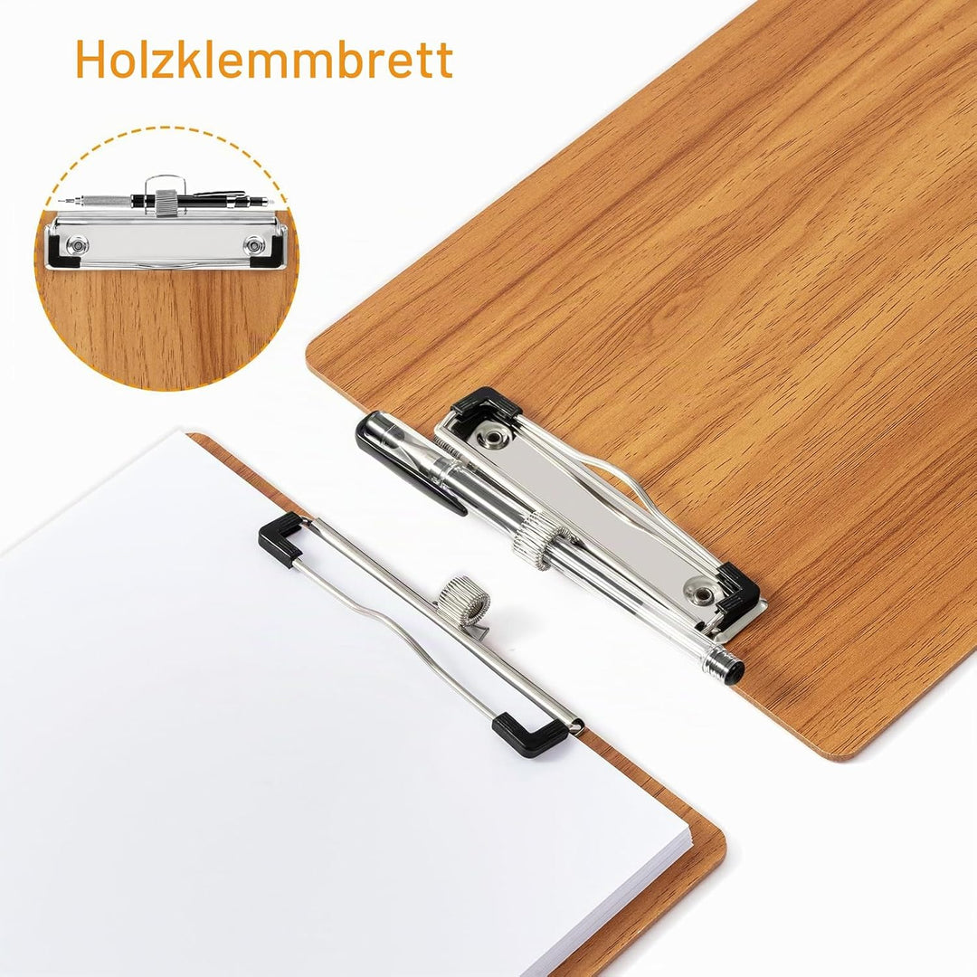 Klemmbrett Holz A4,Klemmbrett aus Holz mit Stifthalter,Klemmbretter für Geschäft, Büro, Schule Oder