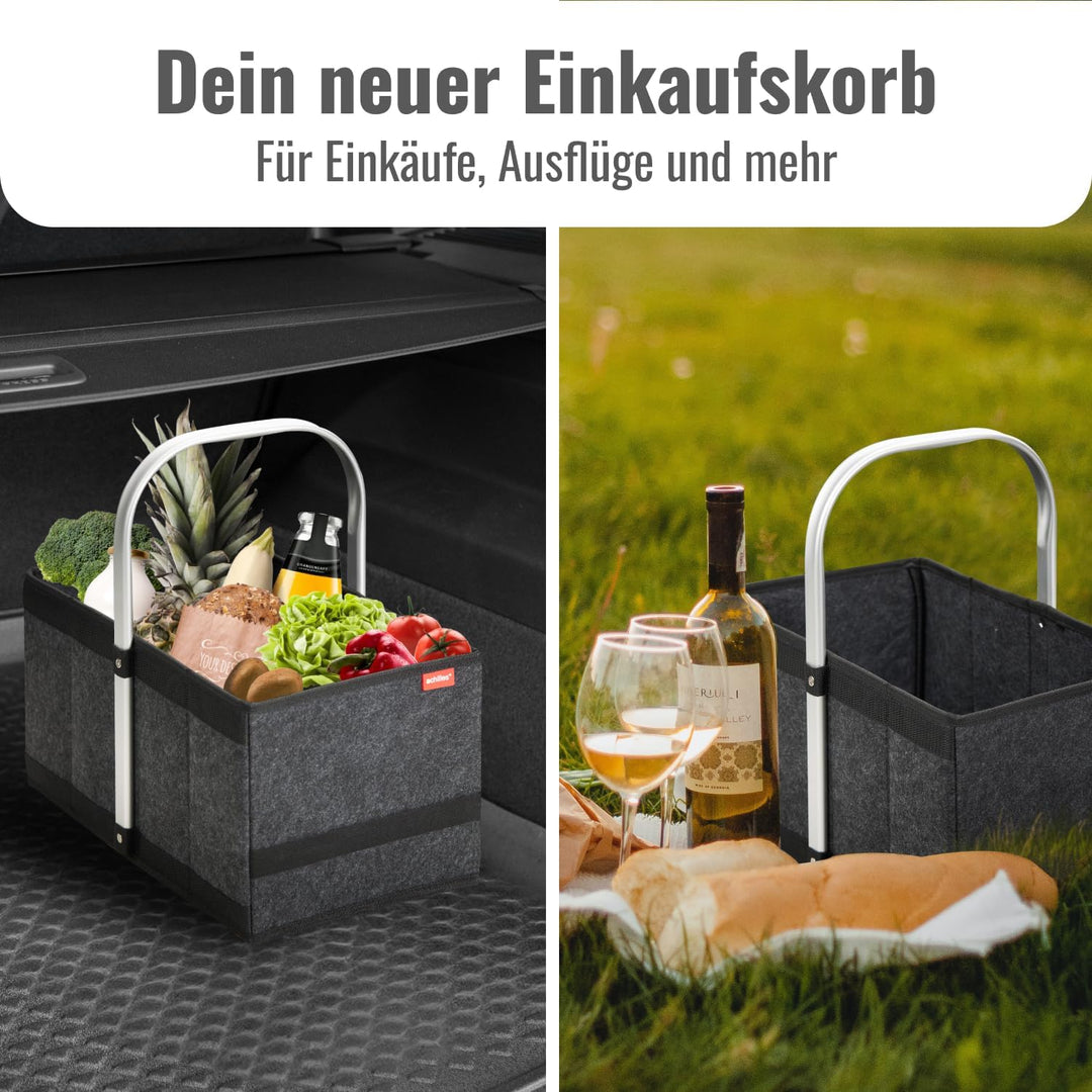 achilles Einkaufskorb Faltbar aus Filz – Klappbarer Tragekorb mit Aluminium-Griff – Leicht & Robust
