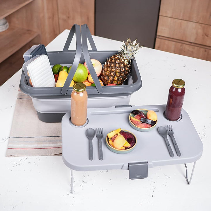 Turtle Klappbarer Picknickkorb mit Tisch, 17 Liter, Integriertes Besteck, Vielseitig und Praktisch f
