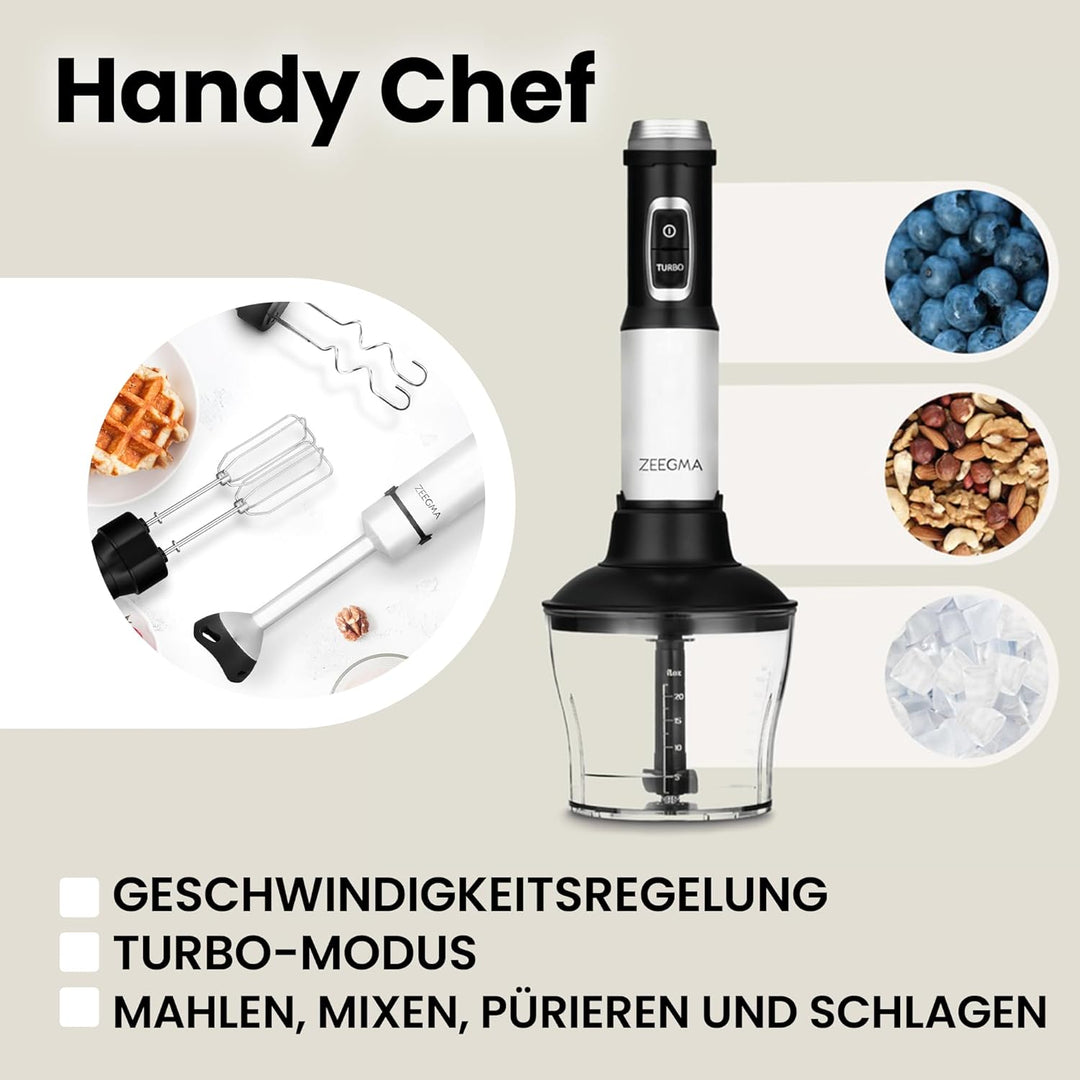 ZEEGMA Handy Chef Stabmixer 5in1 multifunktional 1500W, Düsensatz: Pürierstab, Mixer, Quirl, Rührhak