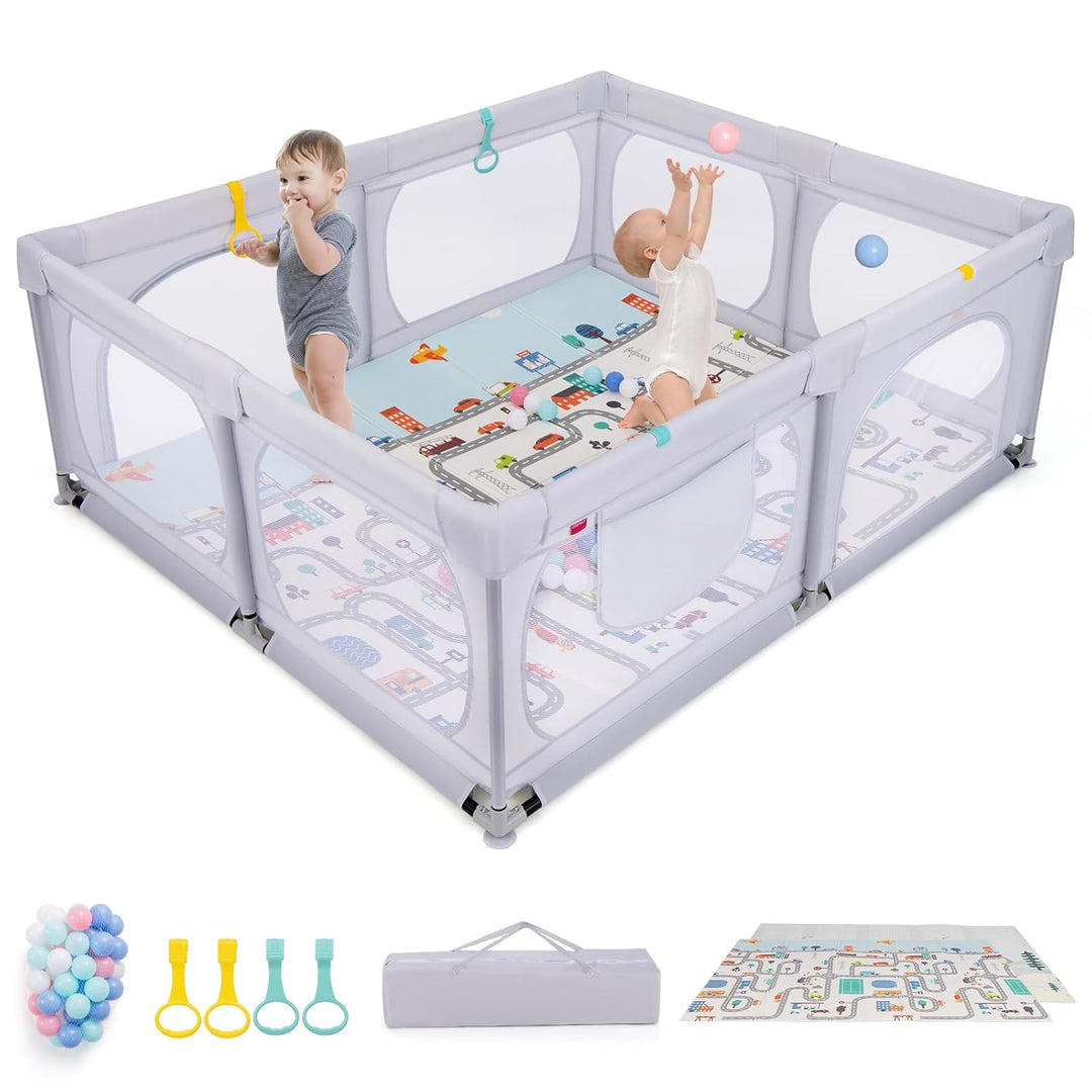 DREAMADE Laufstall Baby, 189 x 158 cm Laufgitter mit Matratze & 4 Zugringen & 50 Ocean Bällen & Trag