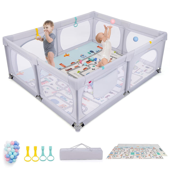 DREAMADE Laufstall Baby, 189 x 158 cm Laufgitter mit Matratze & 4 Zugringen & 50 Ocean Bällen & Trag