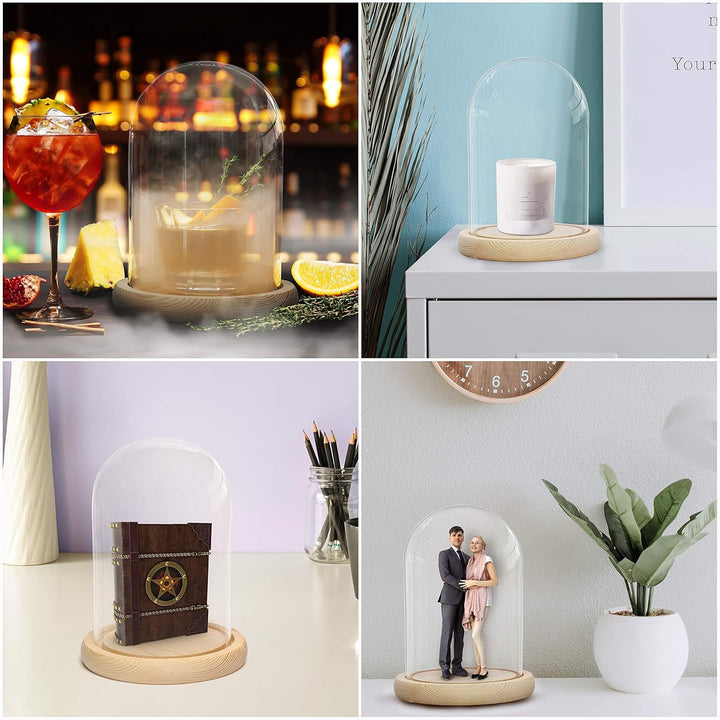 BELLE VOUS Glasglocke mit Holzboden - 20cm hohe Glaskuppel mit Holzboden - Glasglocke Gross Deko - t