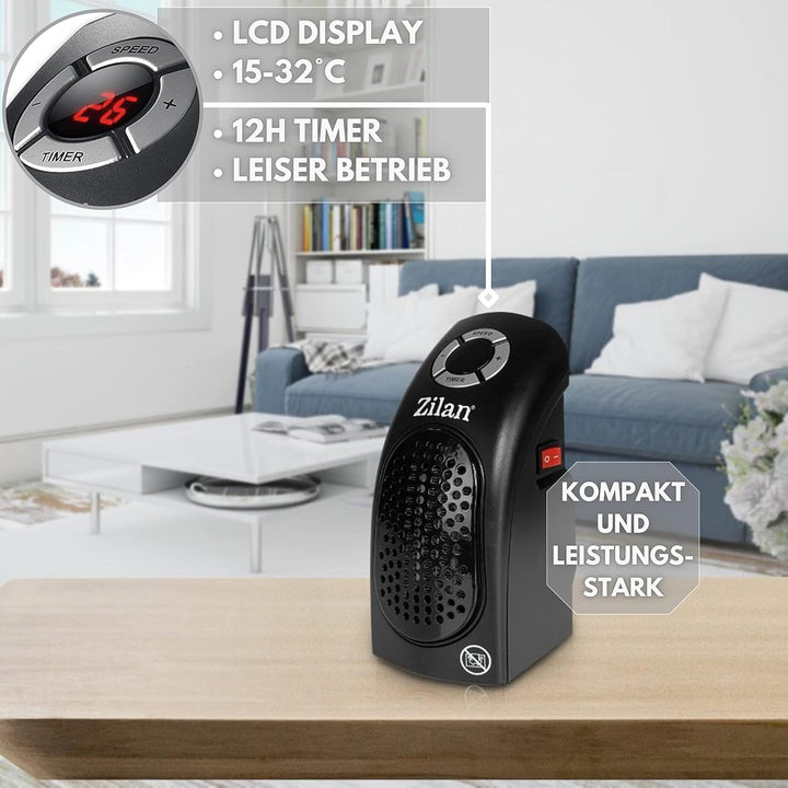 Mini Heizlüfter | 12h Timer | Digitale LCD-Anzeige | 400 Watt | Mini Elektroheizung | Mobiler Heizlü