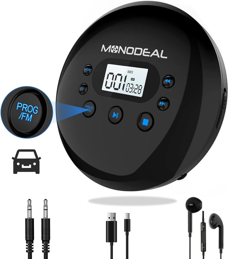 MONODEAL CD Player Tragbar mit FM Transmitter, Kabellose Verbindung mit Autolautsprecher, Tragbarer