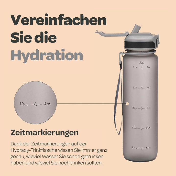 Hydracy Motivations Wasserflasche mit Zeitmarkierung &amp; Strohhalmdeckel 1L | BPA-frei, auslaufsicher,