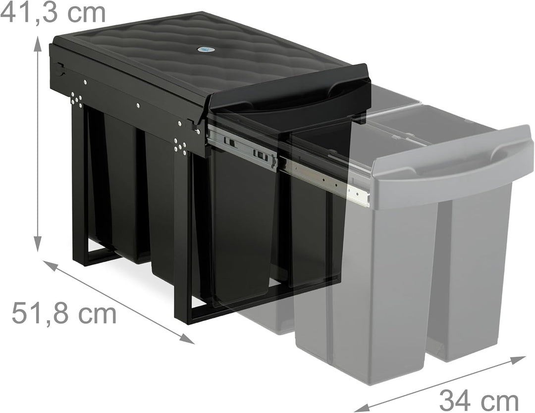 Relaxdays Einbaumülleimer, 3 Fächer, 20l, 2X 10l, HBT: 41,3 x 34 x 51,8 cm, ausziehbar, Müllsystem U