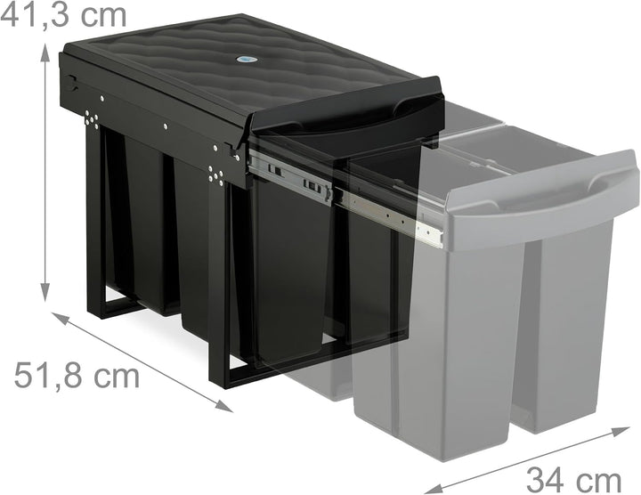 Relaxdays Einbaumülleimer, 3 Fächer, 20l, 2X 10l, HBT: 41,3 x 34 x 51,8 cm, ausziehbar, Müllsystem U