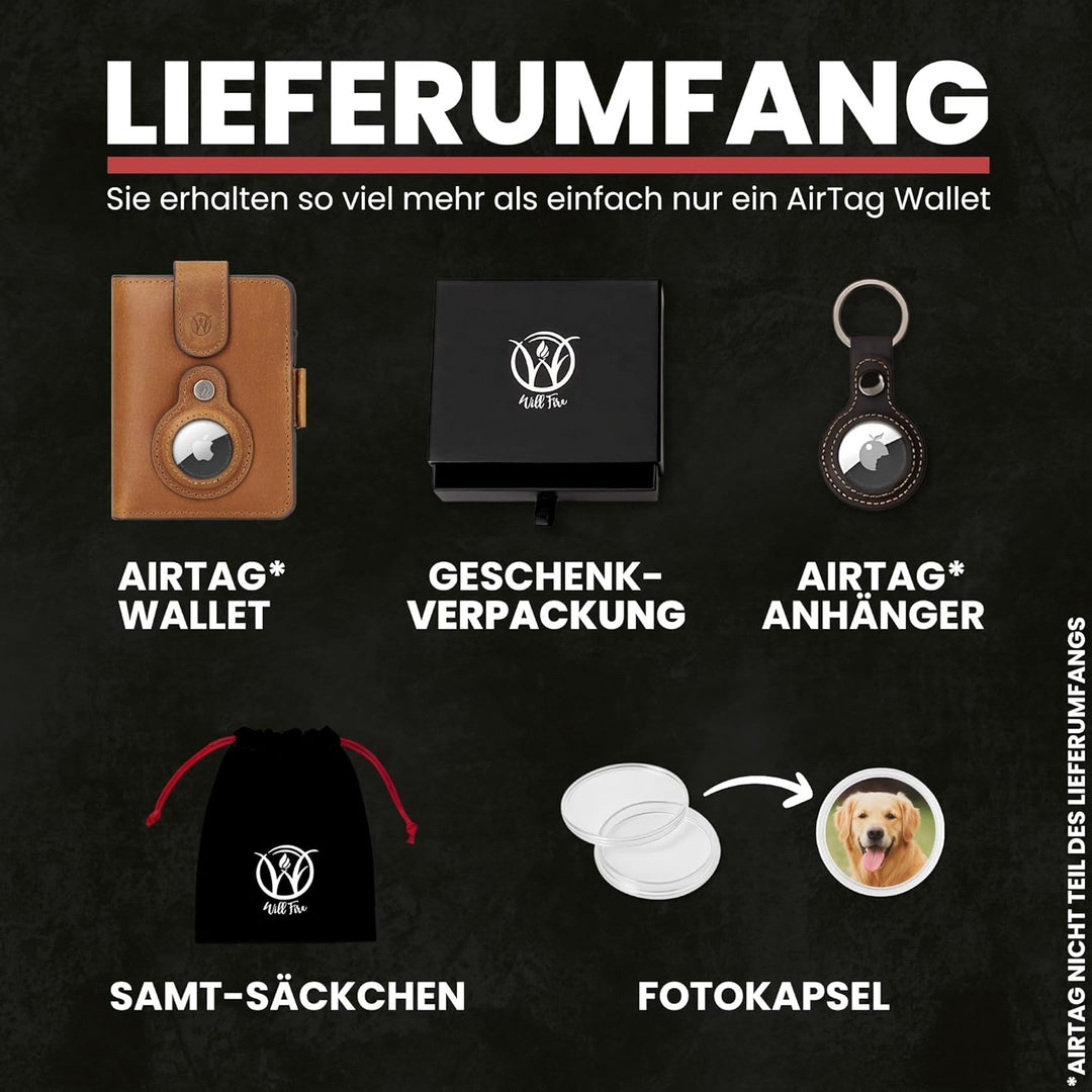 Will Fire® AirTag Wallet | Inkl. Anhänger | Echtleder Geldbörse mit Münz- & Scheinfach | Extra gesic