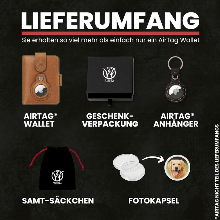 Will Fire® AirTag Wallet | Inkl. Anhänger | Echtleder Geldbörse mit Münz- & Scheinfach | Extra gesic