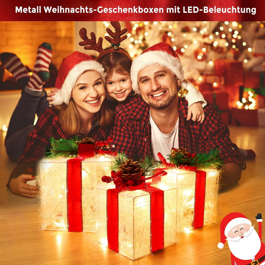 Elktry 3er LED Weihnachtsdeko innen, Geschenke Leucht Boxen mit Schleife aussen, Weihnachtenbox Bele