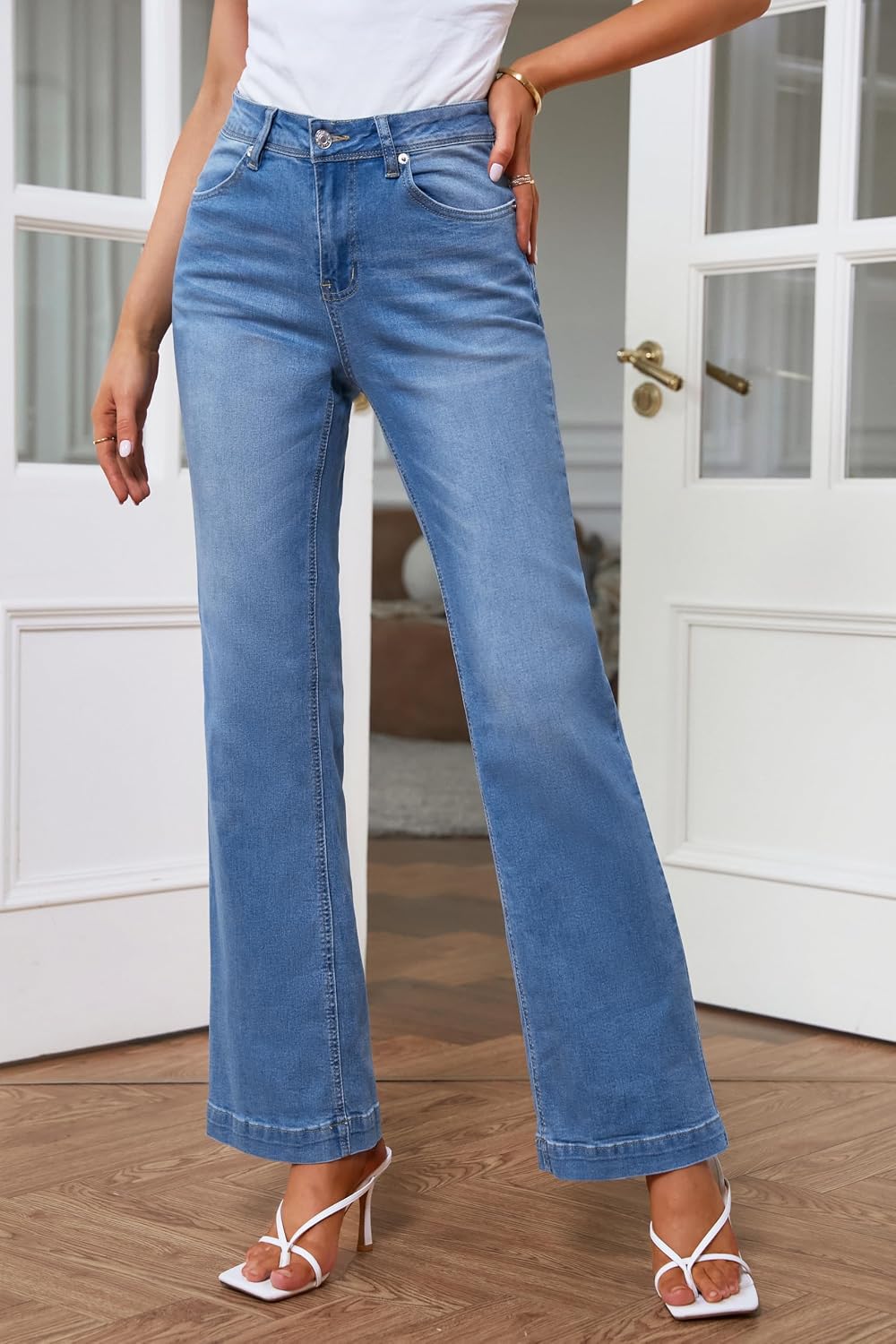Roskiky Schlaghose Damen High Waist Wide Leg Baggy Jeans Stretch Hosen M Mittelblau, M Mittelblau