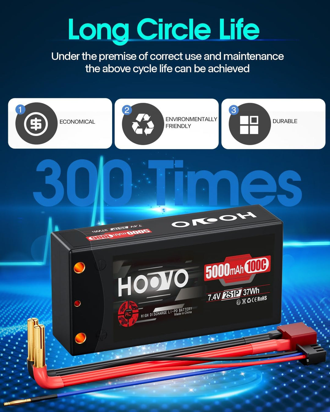 HOOVO RC Batterie 7,4V 5000mAh 100C 2S Lipo Akkus HardCase mit 4.0 mm Banana to Deans Plug für RC Au