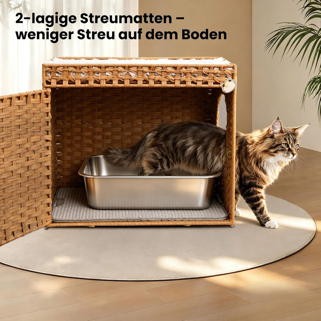 Katzenklo: Versteckte Katzentoilette aus Rattan in Möbeloptik mit auslaufsicherer Katzenklo-Matte fü