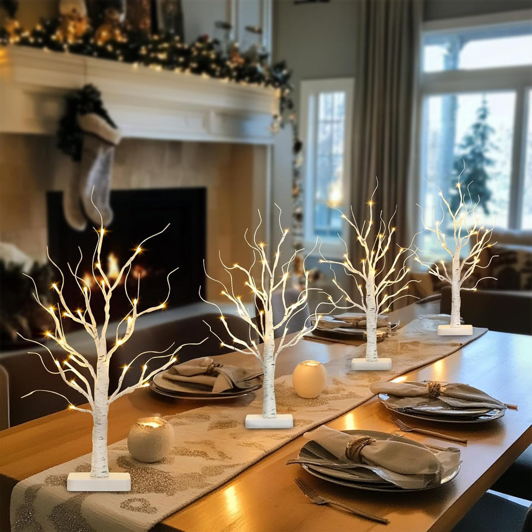 4er Set Lichterbaum mit 24 Warmweissen LEDs Birken Bäumchen mit Timer-Funktion Dekozweige Batteriebe