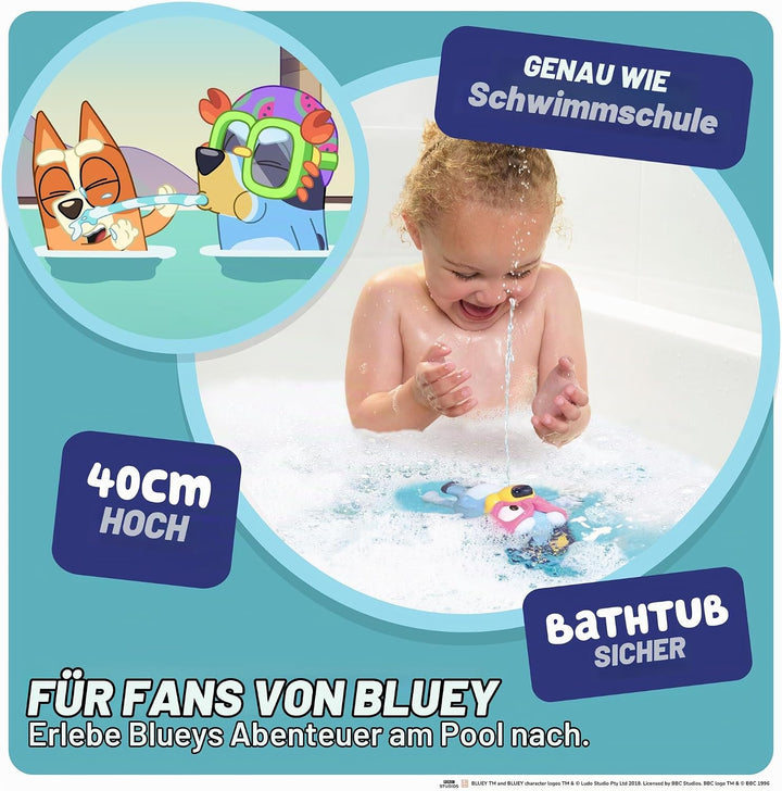 Toomies Swim School Bluey Badespielzeug, Schwimmende Wasserfontäne Bluey, Zieh-den-Schwanz Wasserspr