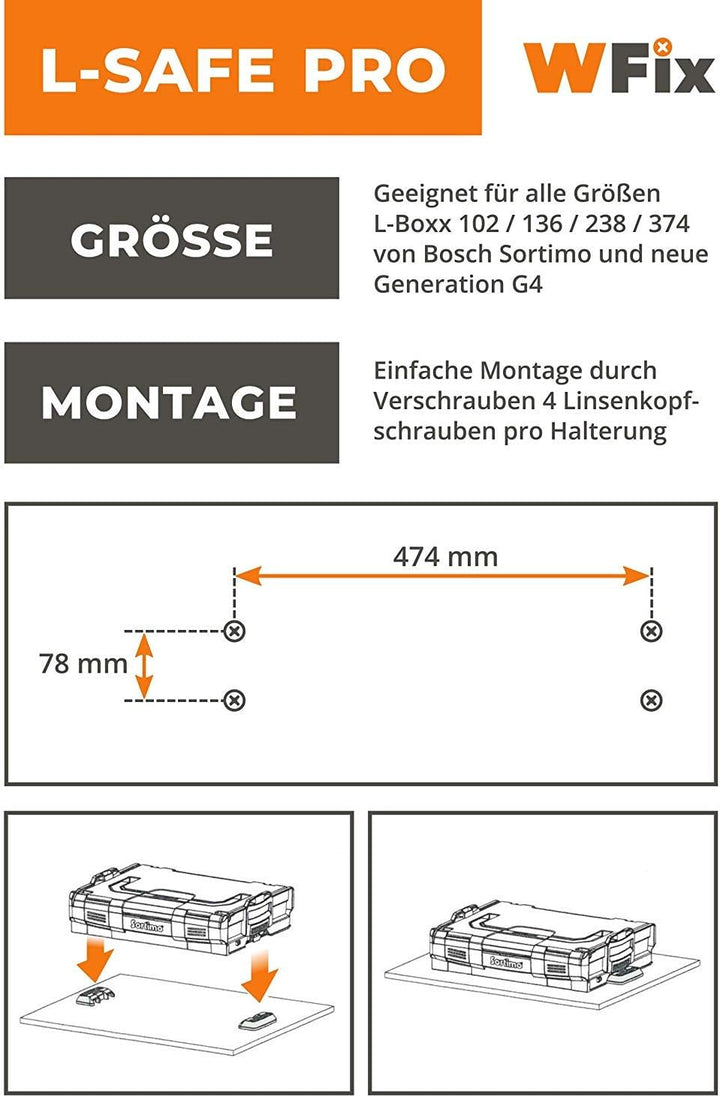 WFix L-BOXX Halter für Sortimo | L-SAFE PRO BLACK Sicherung und Fixierung für LBOXX Halterung | 2 Ha