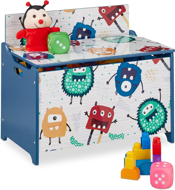 Relaxdays Spielzeugtruhe, Monster-Design, Spielzeugkiste mit Deckel, HBT: 50x60x36,5 cm, MDF, Spielz