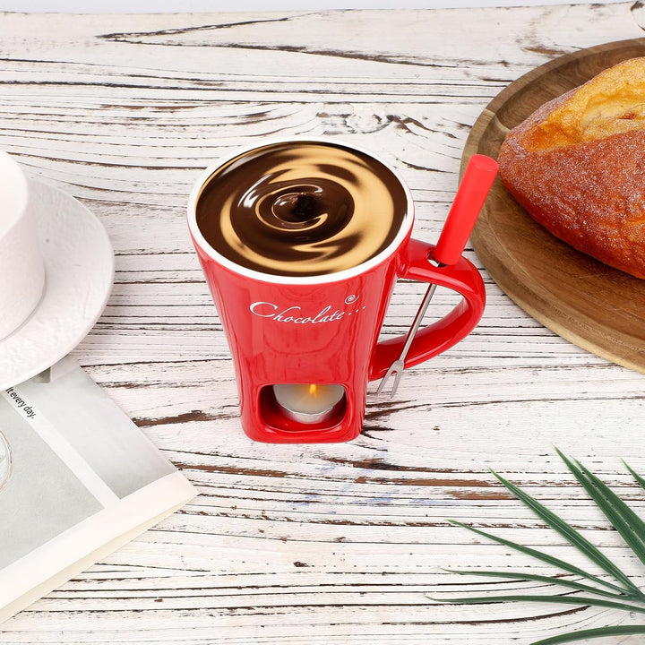 Schokoladenfondue-Becher-Set, Keramik Mini Fonduetopf mit Gabel und Kerzenwärmer Schokoladenschmelzb