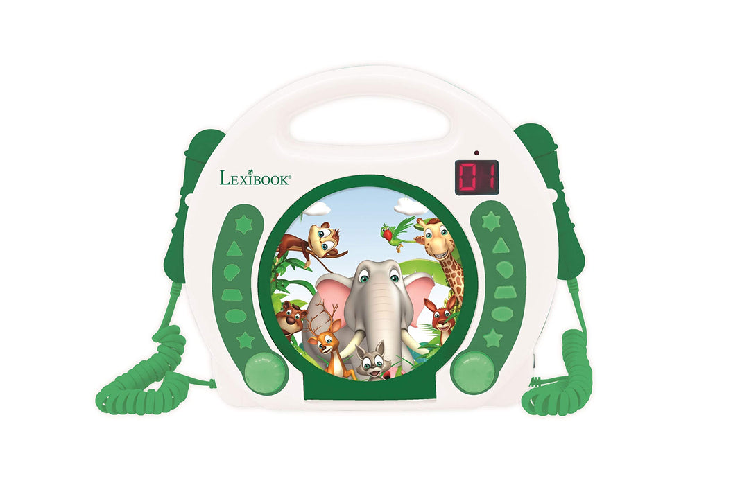 Lexibook - Tragbarer Tier-CD-Player mit Mikrofonen, Griff, Programmierung, Wiederholung, Karaoke, Ds