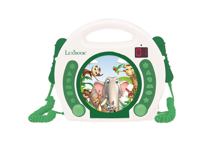Lexibook - Tragbarer Tier-CD-Player mit Mikrofonen, Griff, Programmierung, Wiederholung, Karaoke, Ds
