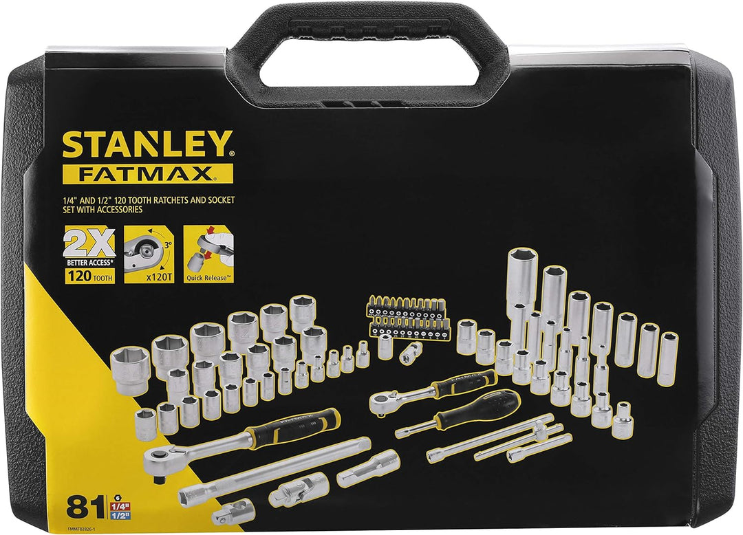 Stanley Fatmax Steckschlüssel-Set (81-teilig, ½“ und ¼“, 6-Kant, im Koffer mit Metalllaschen, für vi