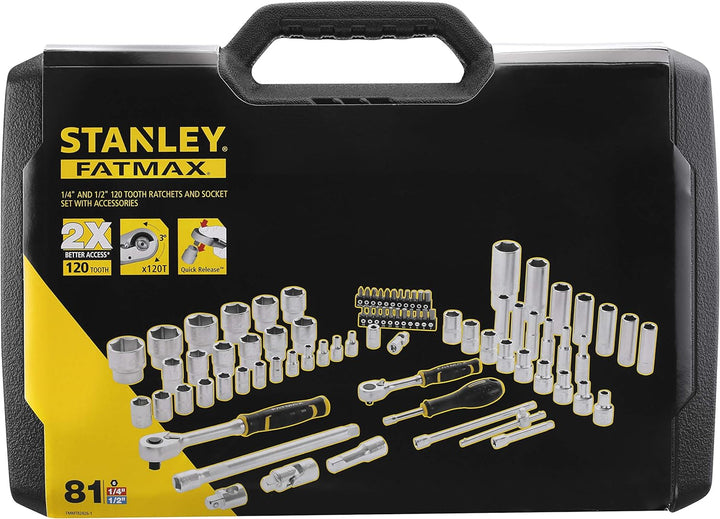 Stanley Fatmax Steckschlüssel-Set (81-teilig, ½“ und ¼“, 6-Kant, im Koffer mit Metalllaschen, für vi