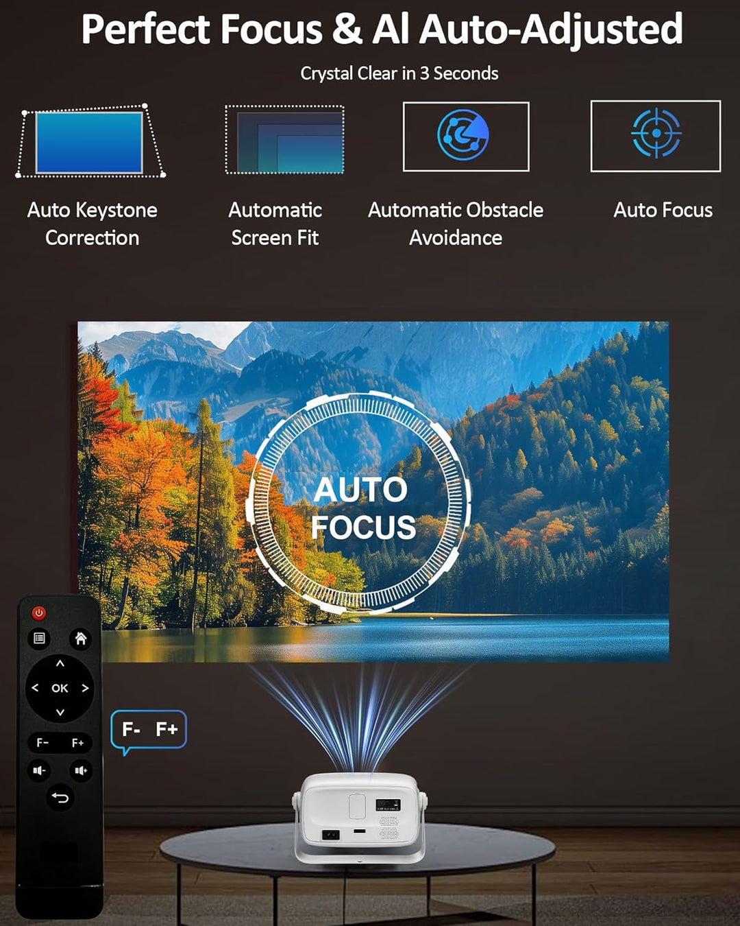 【Offiziell Lizenziertes Netflix & Autofokus】 Mini-Projektor mit WLAN und Bluetooth, 270°-Drehung, ge