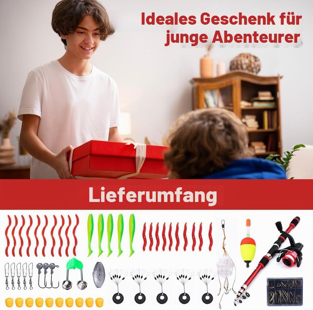 55pcs Angelset Für Kinder,1.8m Kinderangel Starter Set,Angelrute Set Kinder Mit Angelrolle Und Köder