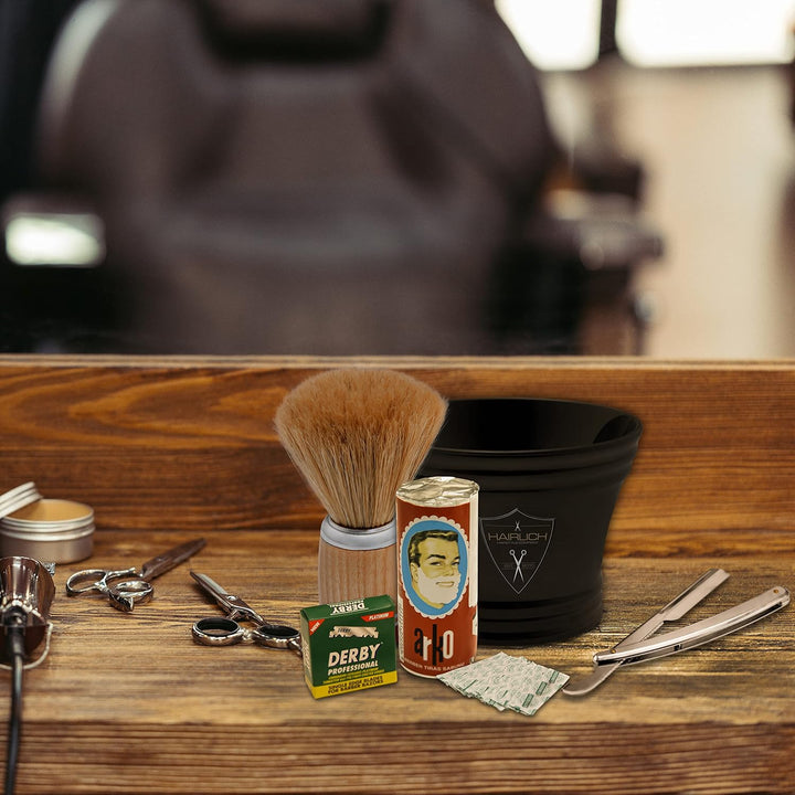 Hairlich Rasierset mit Wechselklingen, Rasierseifenschale aus Plastik mit Griff, Seife und Seifenpin