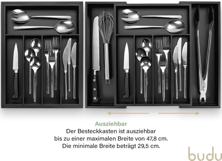 budu Besteckkasten #38 (Tiefe 38cm) aus Bambus - Schwarz - Schubladen Ordnungssystem für die Küche -