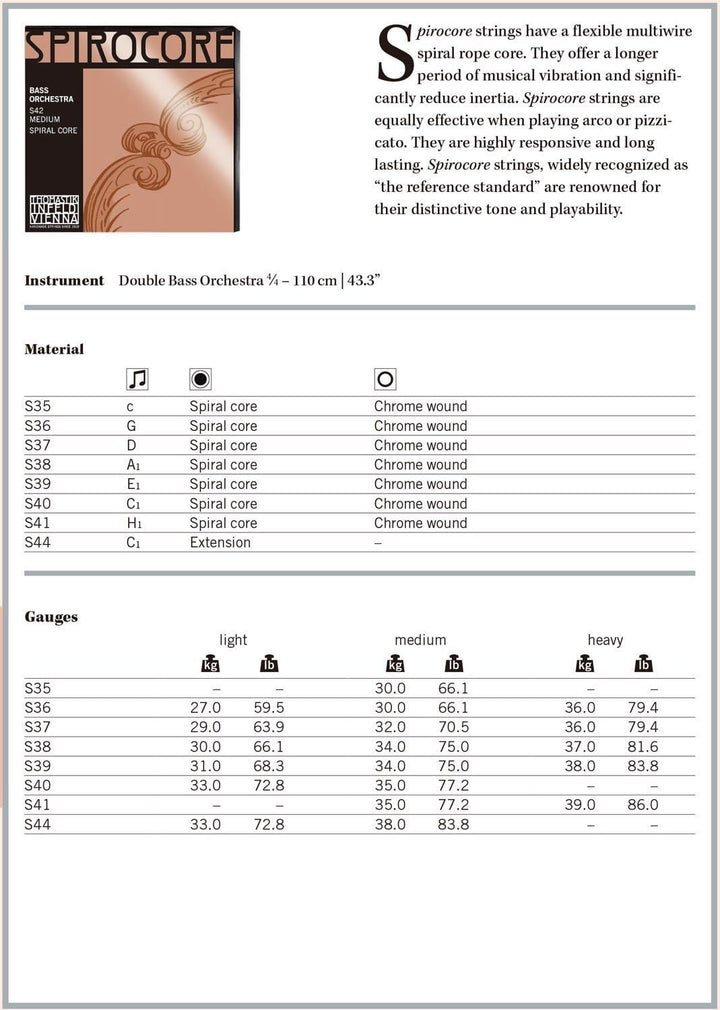Thomastik 644219 Saiten für Kontrabass Spirocore Spiralkern Orchesterstimmung, Satz 4/4 weich für Me