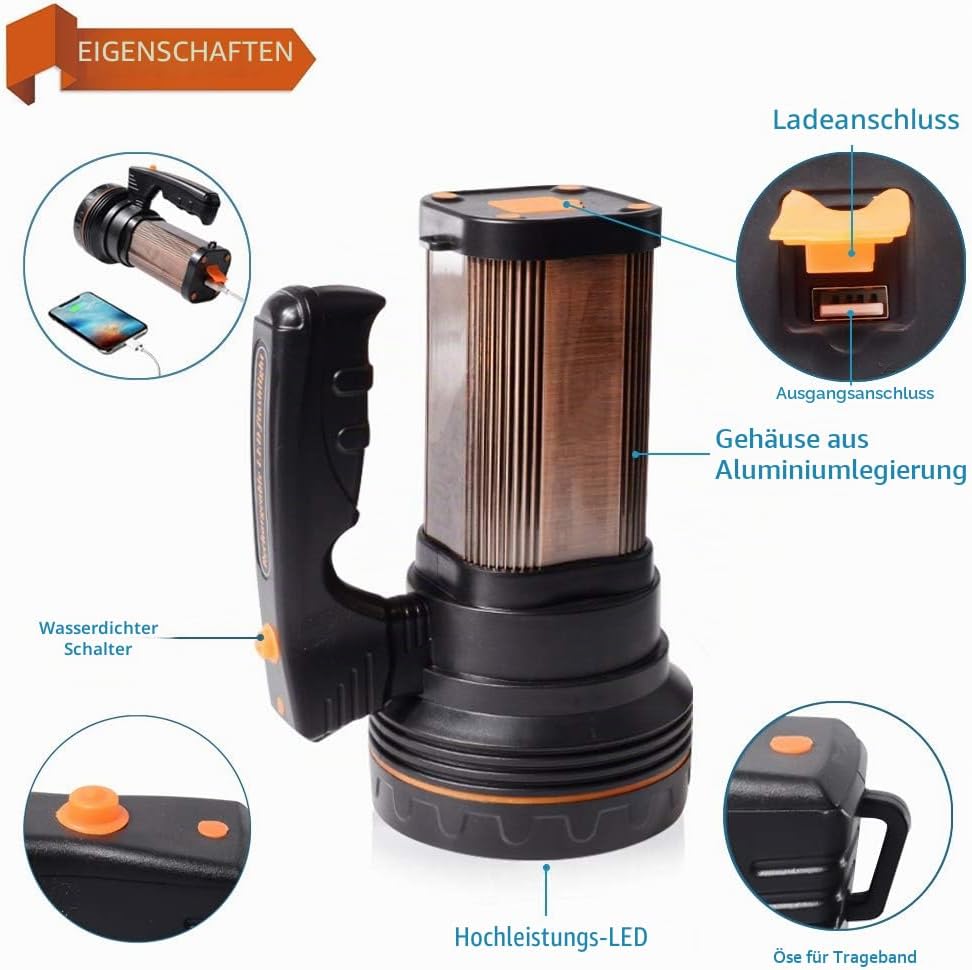 AF-WAN LED Taschenlampe Wiederaufladbar LED Handscheinwerfer 6000 Lumens,CREE Handlampe 9000mAh Supe