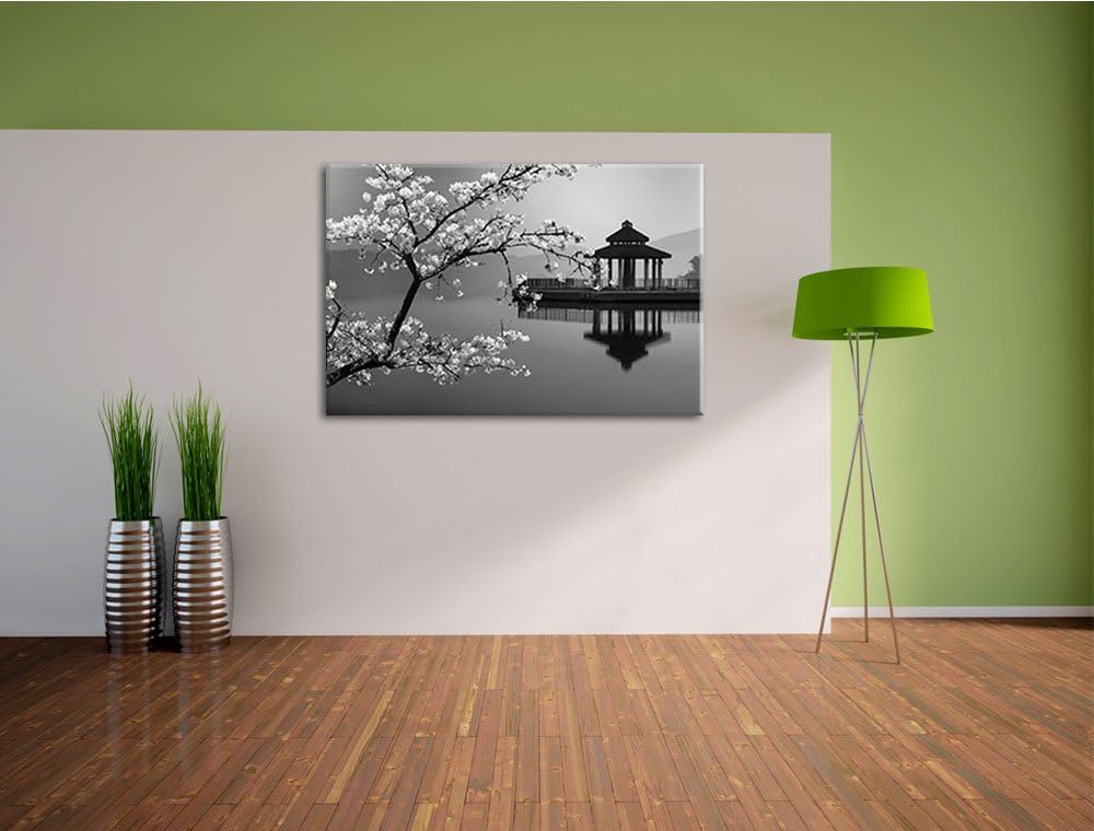 schöner Kirschbaum an japanischem See schwarz/weiss Format: 100x70 auf Leinwand, XXL riesige Bilder