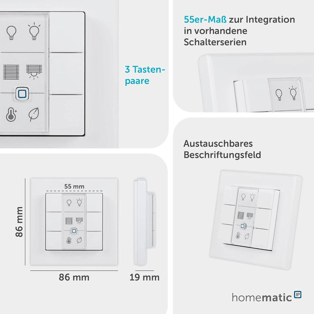 Homematic IP Smart Home Wandtaster – 6-Fach, Wandschalter, sechs Tasten, Zubehör für Ihr Homematic I