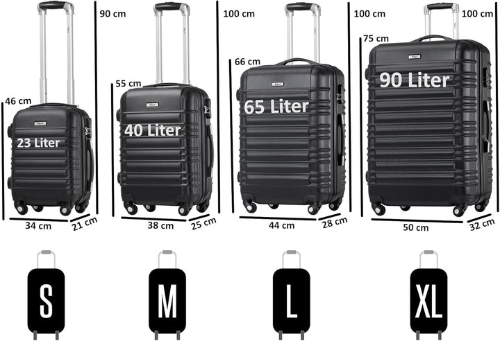 Zelsius Koffer Set 4 Stück, Schwarz | ABS Hartschalenkoffer mit Zahlenschloss, 4 Rollen und Innen Tr