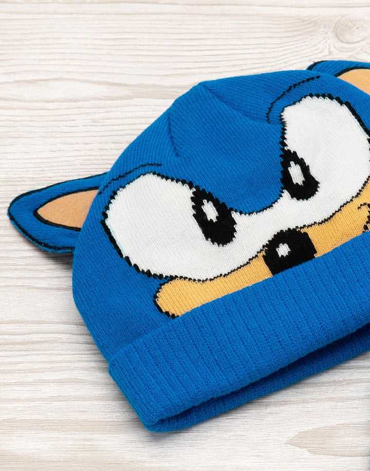 Sonic the Hedgehog Hut und Handschuhe Kinder Blaue 3D Ohren gestrickt