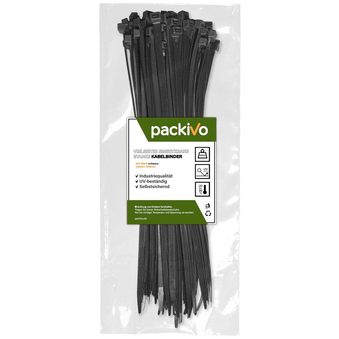 PACKIVO Profi Kabelbinder 7,6 x 400mm, 100 Stück schwarz Kabelbinder Industriequalität UV beständig,