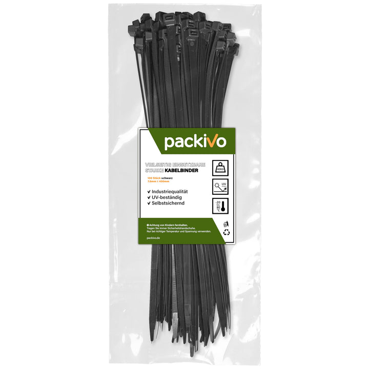 PACKIVO Profi Kabelbinder 7,6 x 400mm, 100 Stück schwarz Kabelbinder Industriequalität UV beständig,